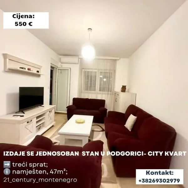 Izdavanje, jednosoban stan, 47m², City Kvart, Podgorica
