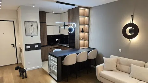Living room with a sofa and a bar counter connected to the kitchen. - image 12