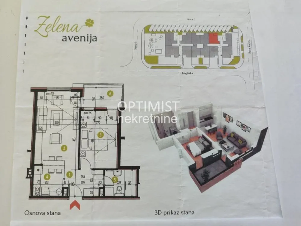Osnova stana sa 3D prikazom rasporeda prostorija.