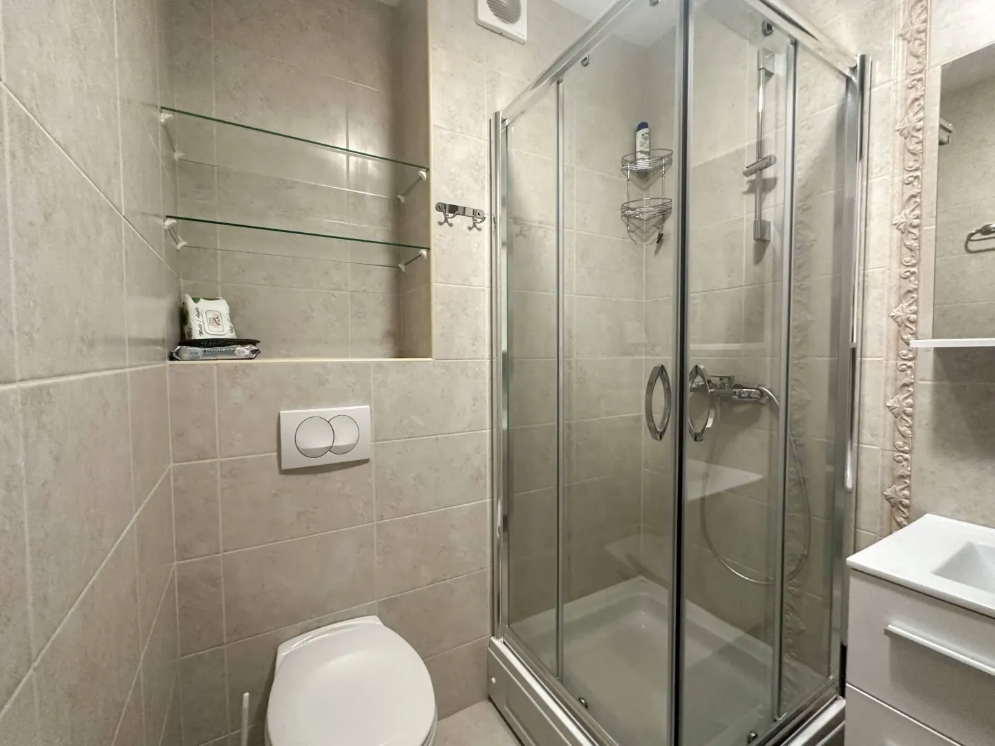 Bright bathroom with a shower cabin and toilet.