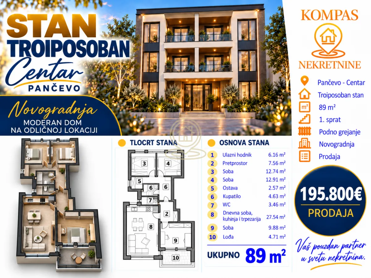 Grafički prikaz osnove stana sa rasporedom prostorija i kvadraturom.