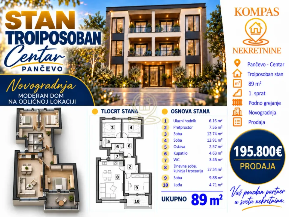 Sale, three bedroom apartment, 89m², Centar, Pančevo