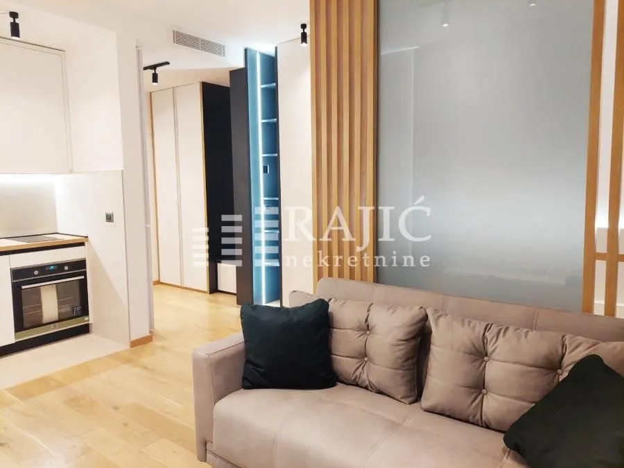 Modern living room with a sofa and a view towards the hallway and kitchen.