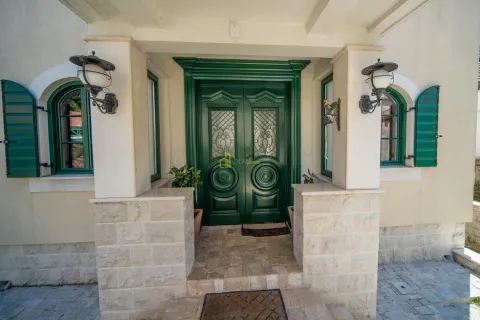 Main entrance of the house with wooden doors and green window shutters. - image 50