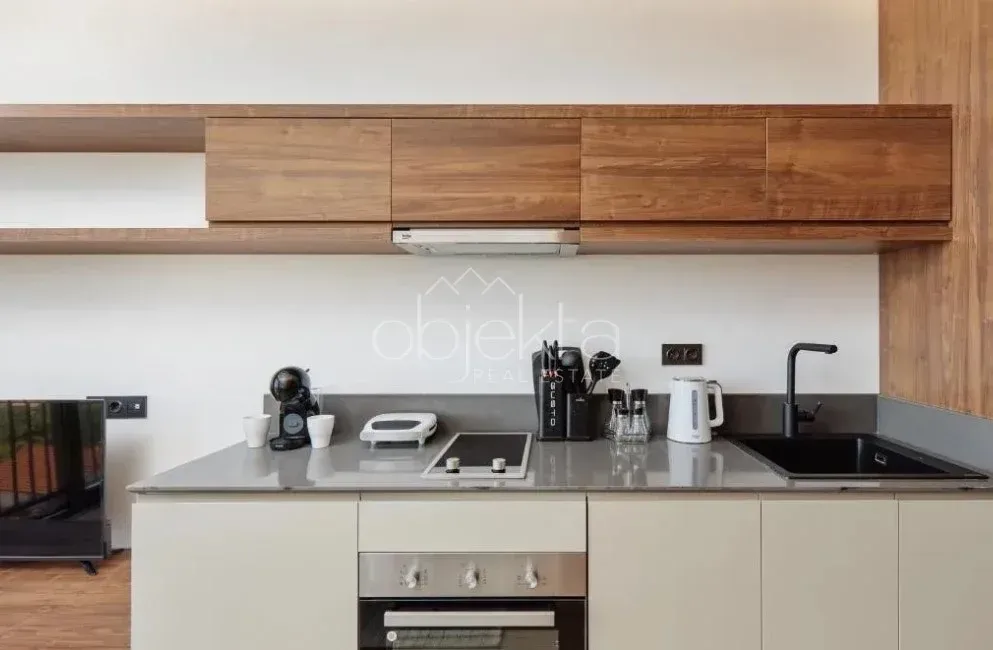 Modern kitchen with wooden cabinetry and built-in appliances.