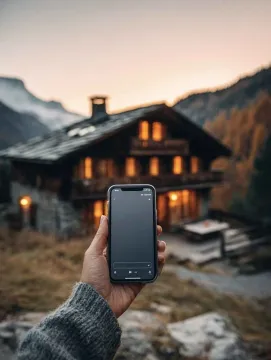 Ruka drži pametni telefon u prvom planu ispred planinske kuće. - image 24