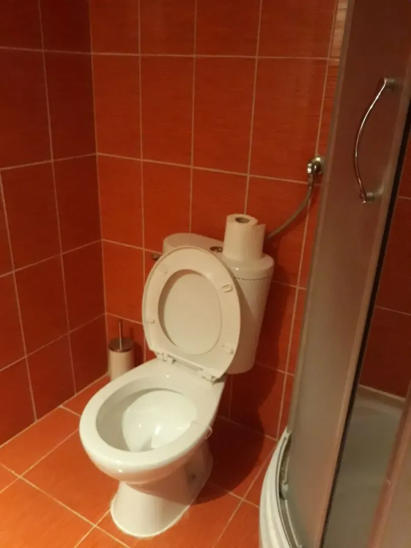 Kupatilo sa narandžastim pločicama.