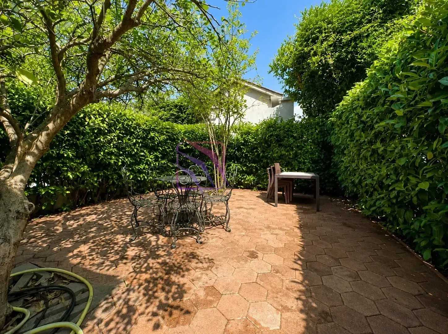 Paved yard equipped with outdoor seating and surrounded by greenery.