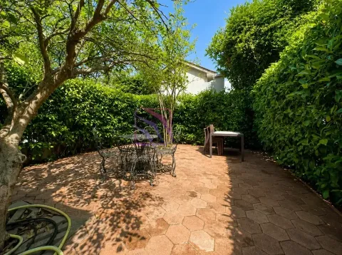 Paved yard equipped with outdoor seating and surrounded by greenery. - image 6
