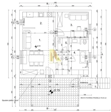 Arhitektonski nacrt osnove prizemlja sa rasporedom prostorija i dimenzijama. - image 34