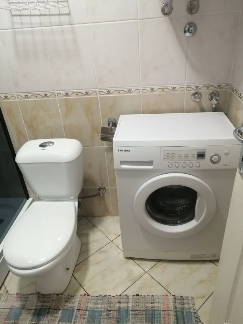 Bathroom with a toilet and a white washing machine.