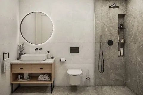 Moderno opremljeno kupatilo sa tuš kabinom, umivaonikom i ugradnom sanitarijom. - image 6