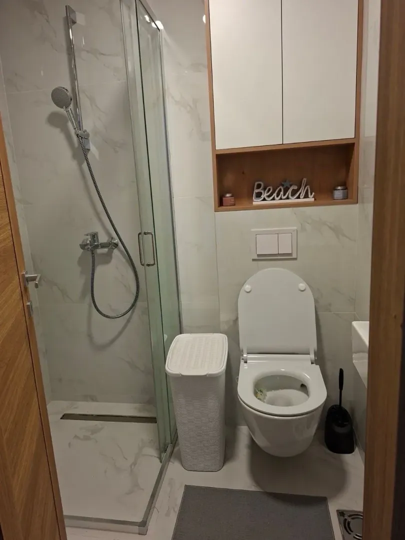 Smaller bathroom with a walk-in shower and built-in toilet.