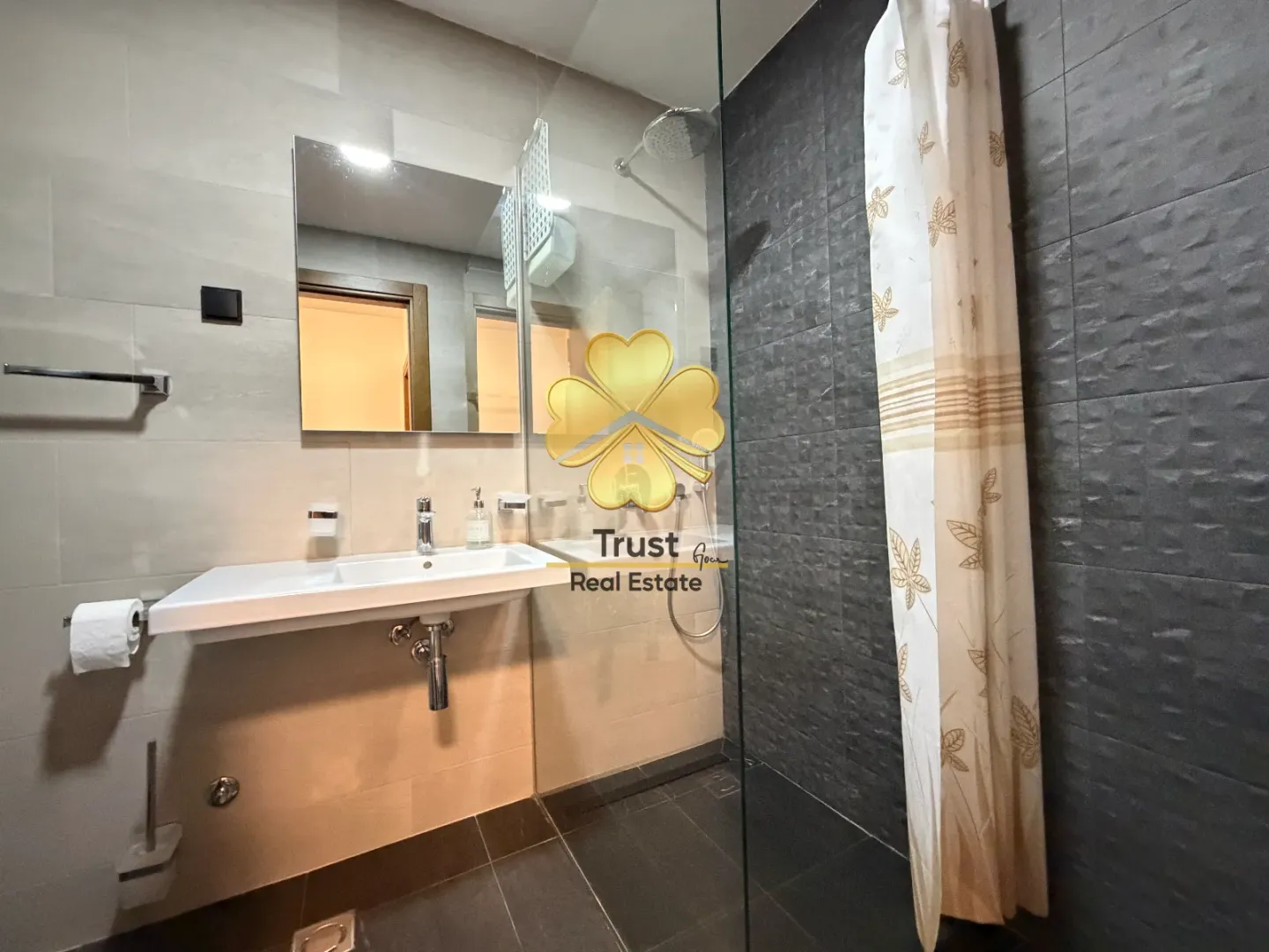 Modern bathroom with a sink, mirror, and walk-in shower.