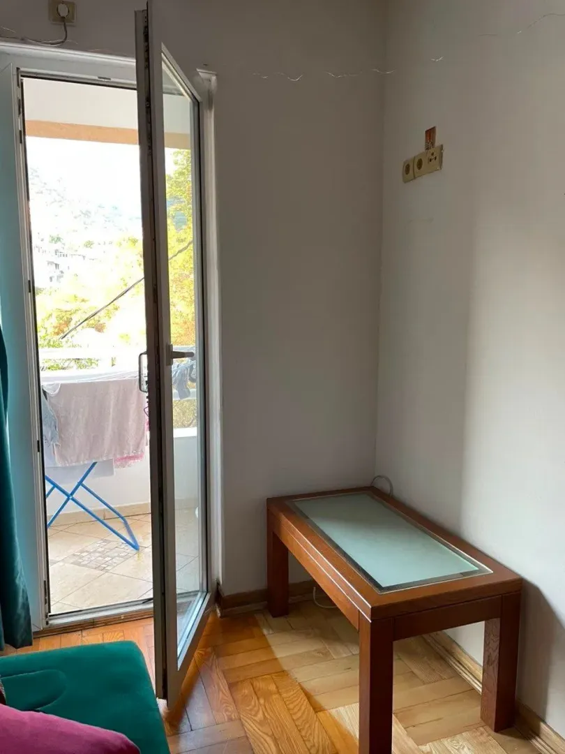 Living room with access to the terrace and parquet flooring.