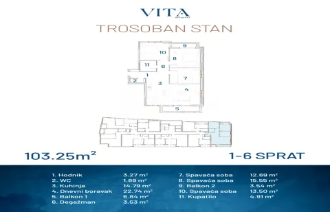 Osnova trosobnog stana sa rasporedom prostorija i kvadraturom. - image 2
