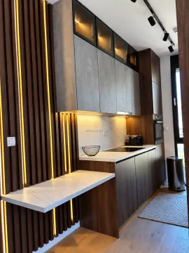 Modern kitchen with wooden panels, built-in cabinetry, and countertop. - image 6