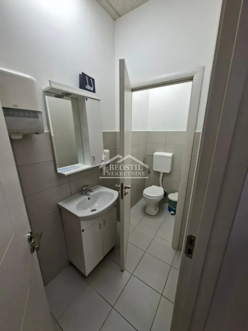 Small bathroom with a sink, mirror, and toilet in a separate section.