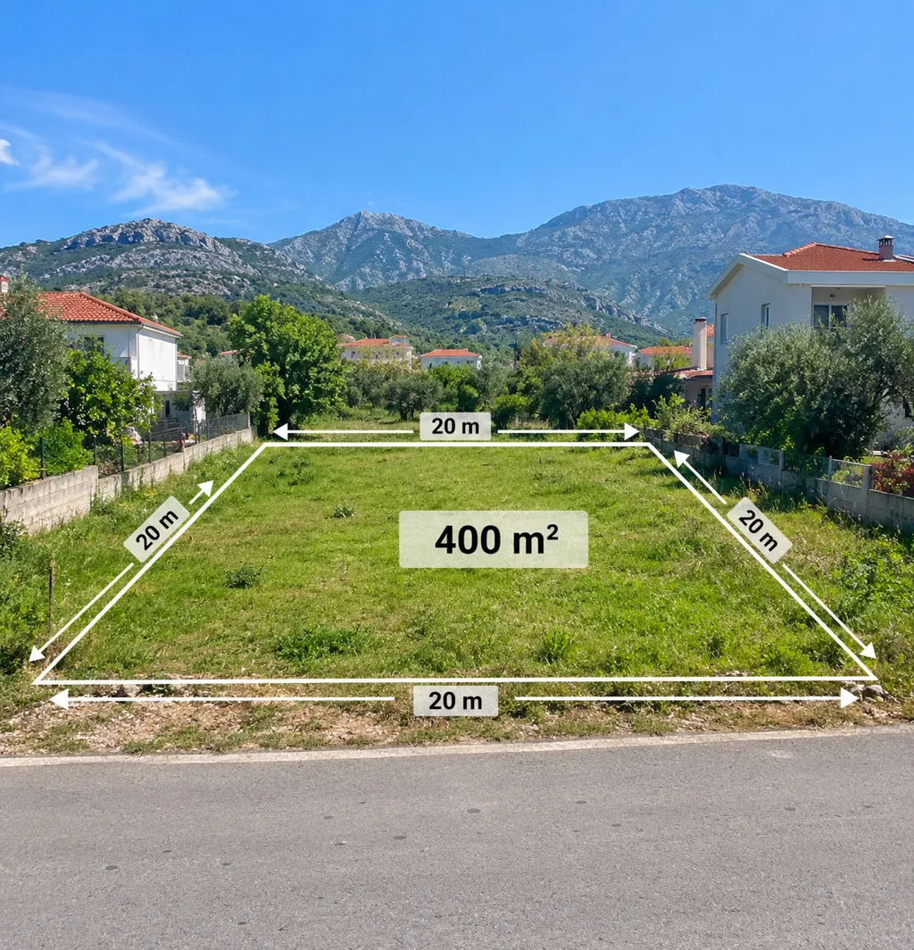 Pogled na građevinsko zemljište sa ucrtanim dimenzijama i površinom.