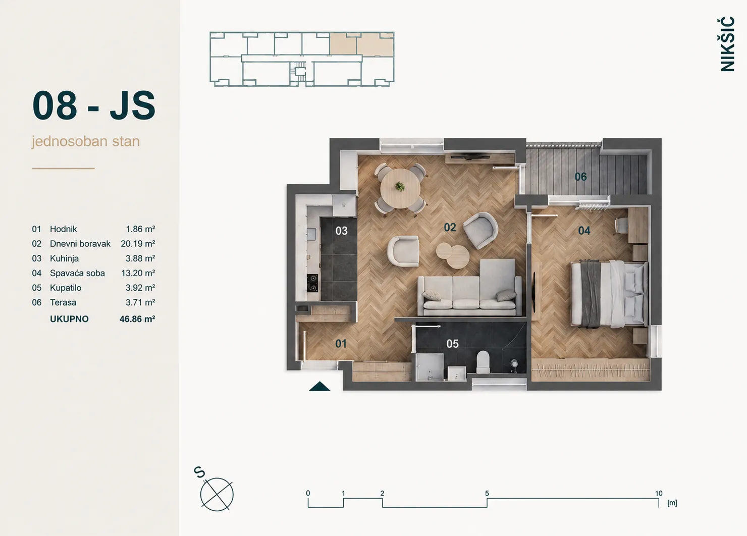 Prodaja, jednosoban stan, 47m², Centar, Nikšić