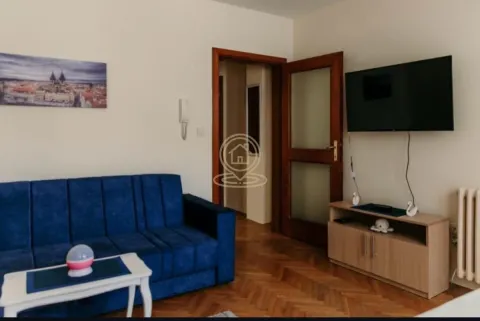 Dnevna soba sa plavim kaučem, televizorom i parketom na podu. - image 6
