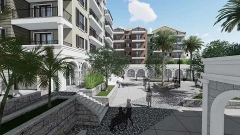 Render kompleksa zgrada sa uređenim dvorištem, stazama i palmama. - image 19