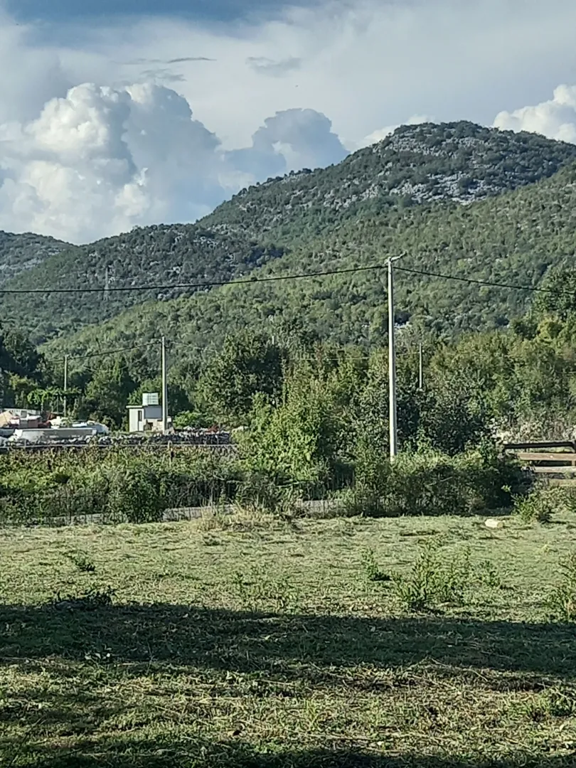 Pogled na zeleno dvorište i okolna brda.
