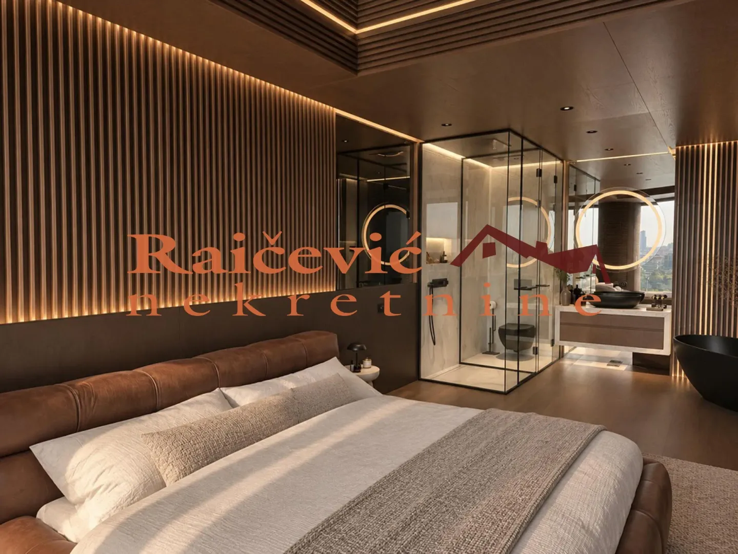 Modern bedroom with an open bathroom and wooden wall panels.