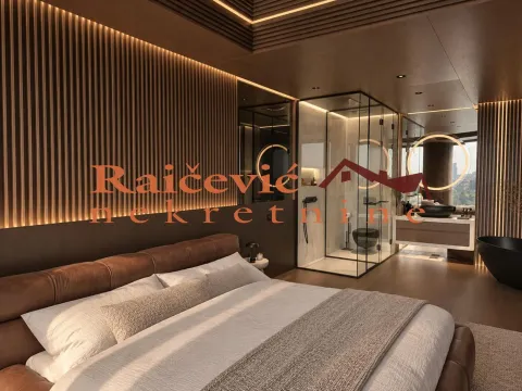 Modern bedroom with an open bathroom and wooden wall panels. - image 13