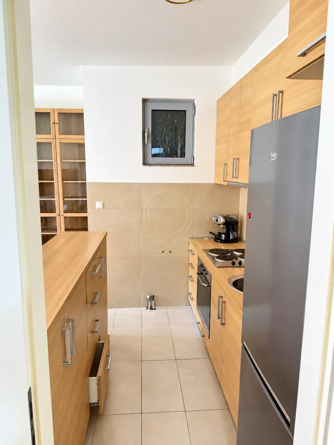 Small kitchen with wooden cabinetry and built-in appliances.