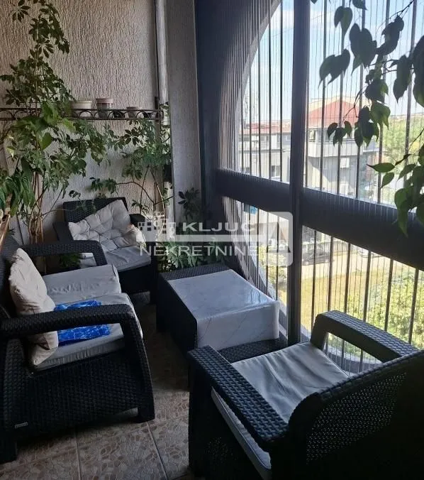 Zastakljena terasa sa garniturom za sedenje i sobnim biljkama.