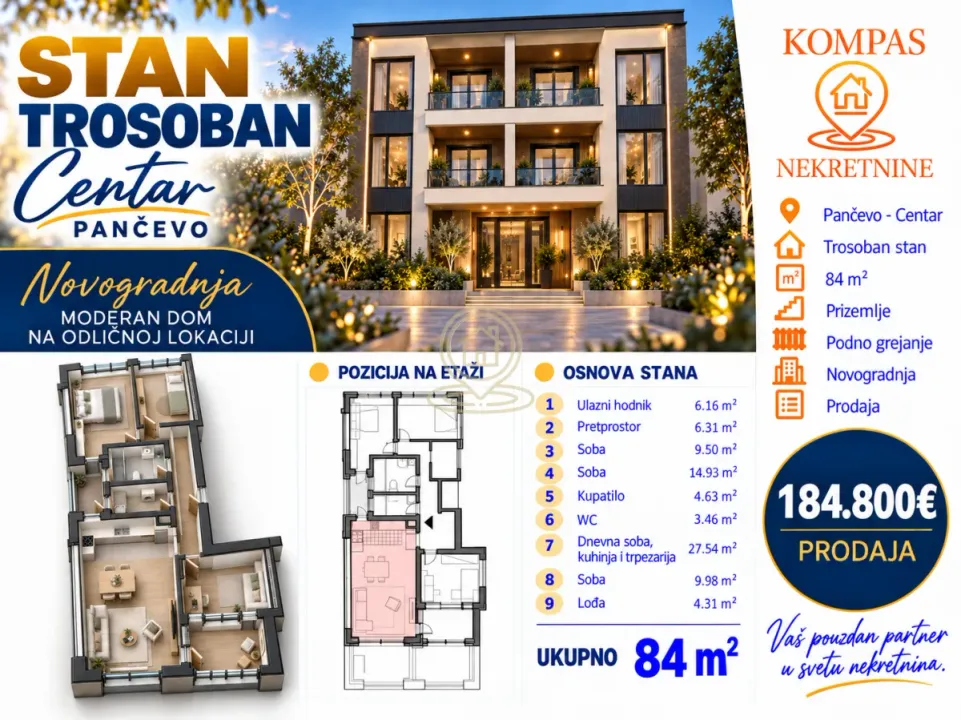 Sale, three bedroom apartment, 84m², Centar, Pančevo
