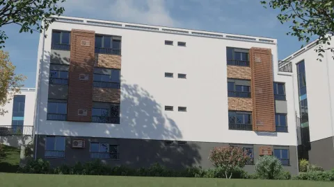 Pogled na spoljašnjost moderne stambene zgrade sa uređenom zelenom površinom. - image 17