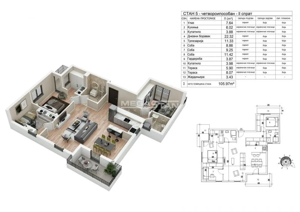Sale, four bedroom apartment, 106m², Lekino Brdo, Voždovac Sve Podlokacije