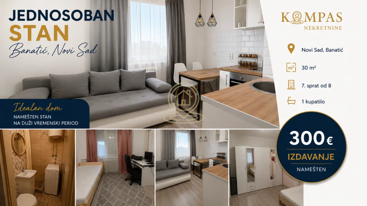 Izdavanje, jednosoban stan, 30m², Banatić, Novi Sad Sve Podlokacije