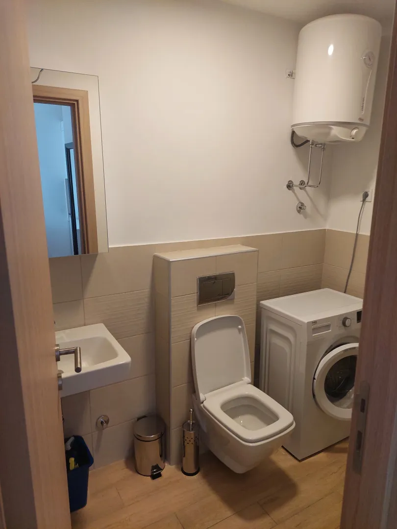 Smaller bathroom with sanitary fixtures, a toilet, and a washing machine.