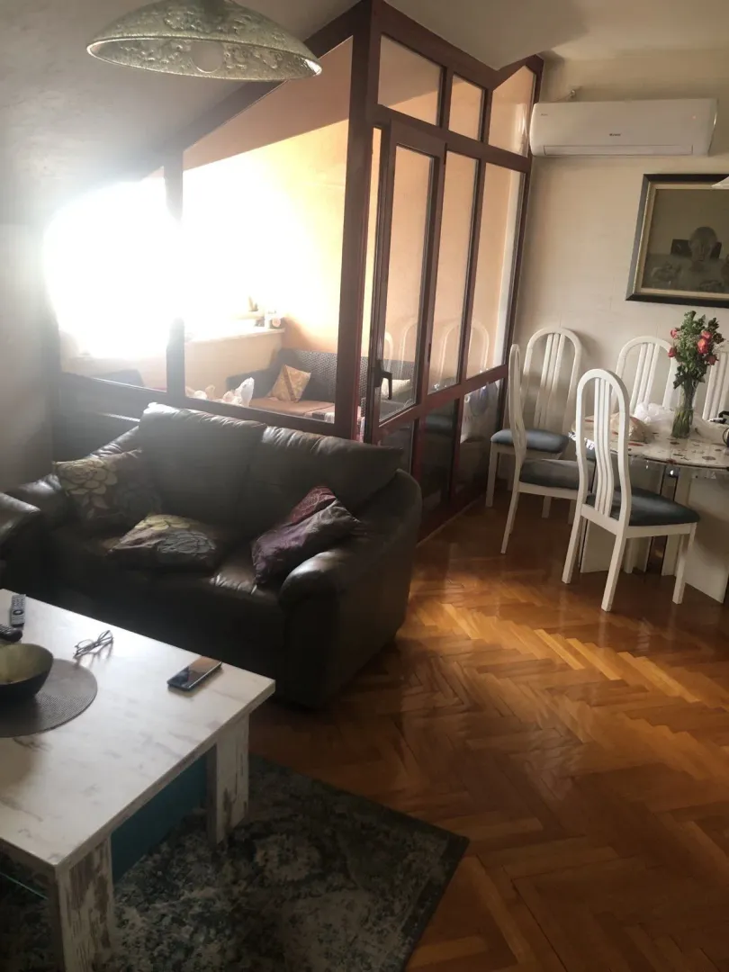 Svijetla dnevna soba sa kožnom garniturom i trpezarijskim stolom.
