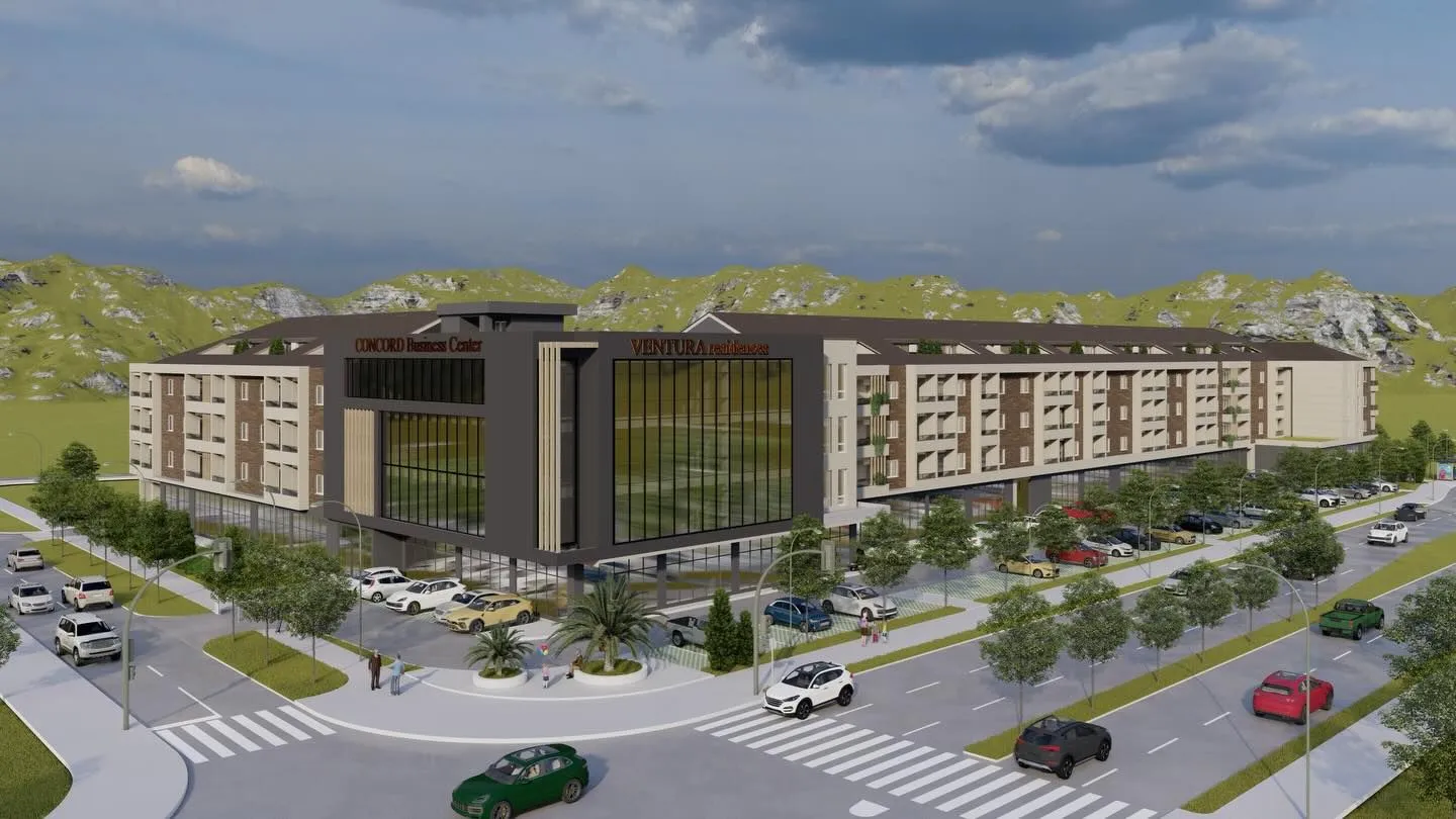 Render poslovno-stambenog kompleksa sa okolnim saobraćajnicama i parkingom.