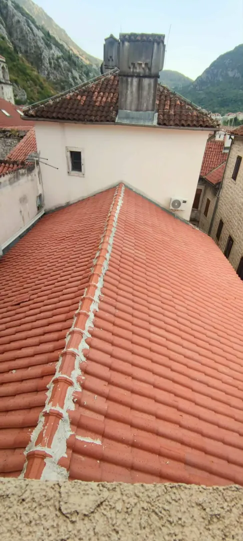 Pogled na krovove okolnih zgrada i planine u pozadini.