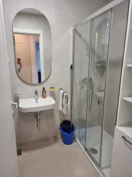 Modern bathroom with a sink, mirror, and walk-in shower. - image 7