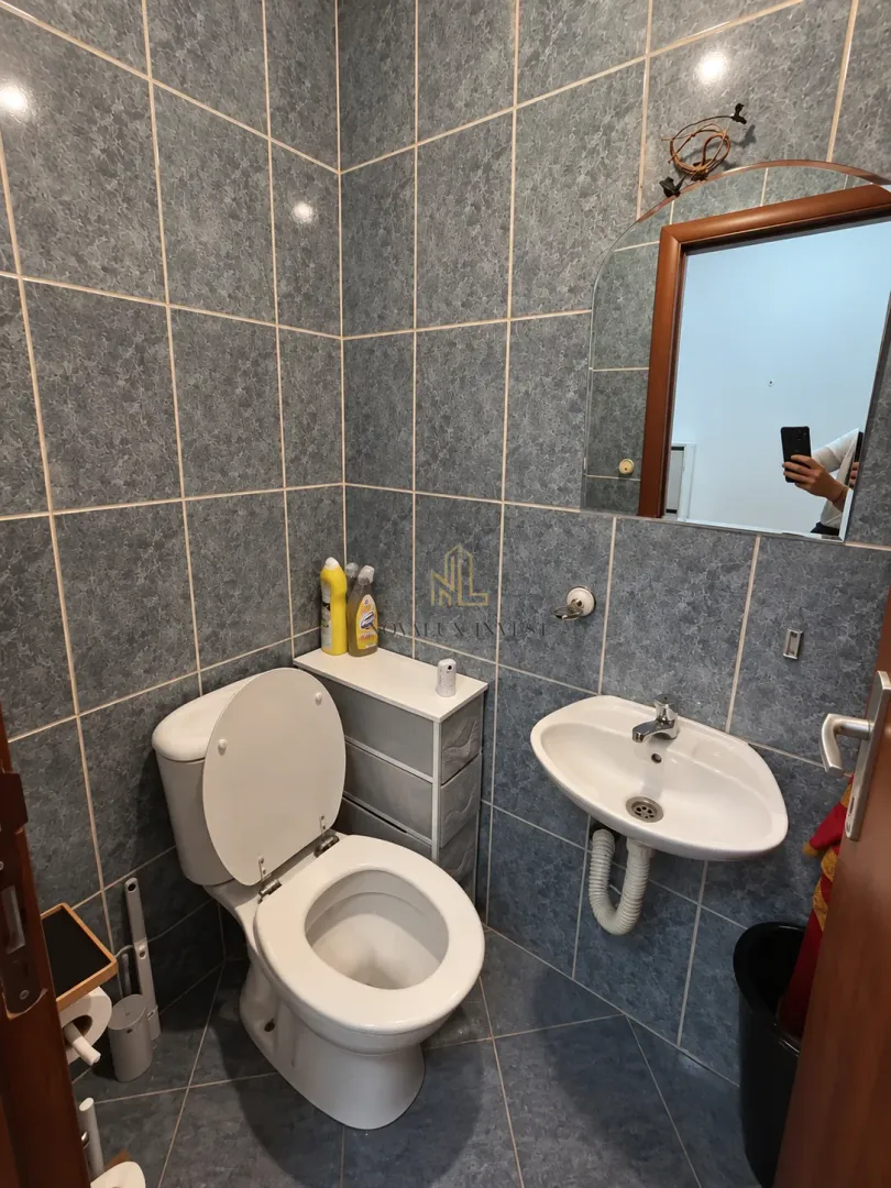 Manje kupatilo sa pločicama u plavim tonovima, wc šoljom i umivaonikom.