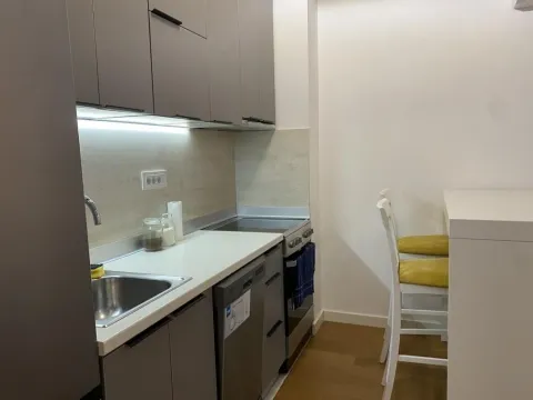 Small modern kitchen with grey cabinets and a dining bar. - image 6