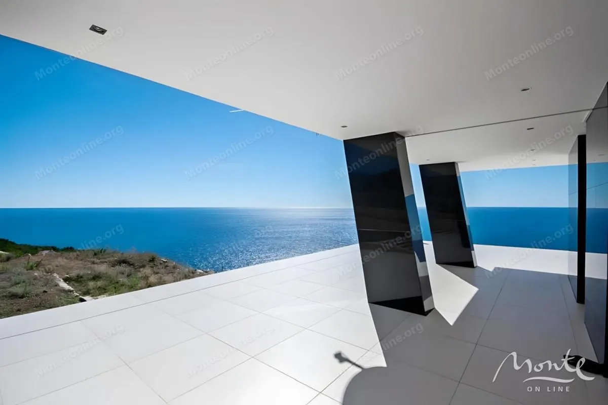 Modern covered terrace with sea view.