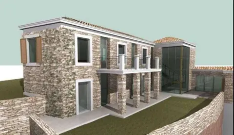 3D exterior render of the house with a stone facade and a yard. - image 5