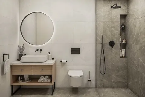 Moderno kupatilo sa tuš kabinom, ogledalom sa pozadinskim osvjetljenjem i drvenim lavaboom. - image 5