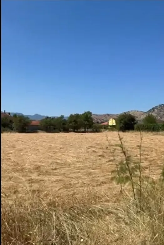 Prostrani ravan plac sa suvom travom i brdima u pozadini.