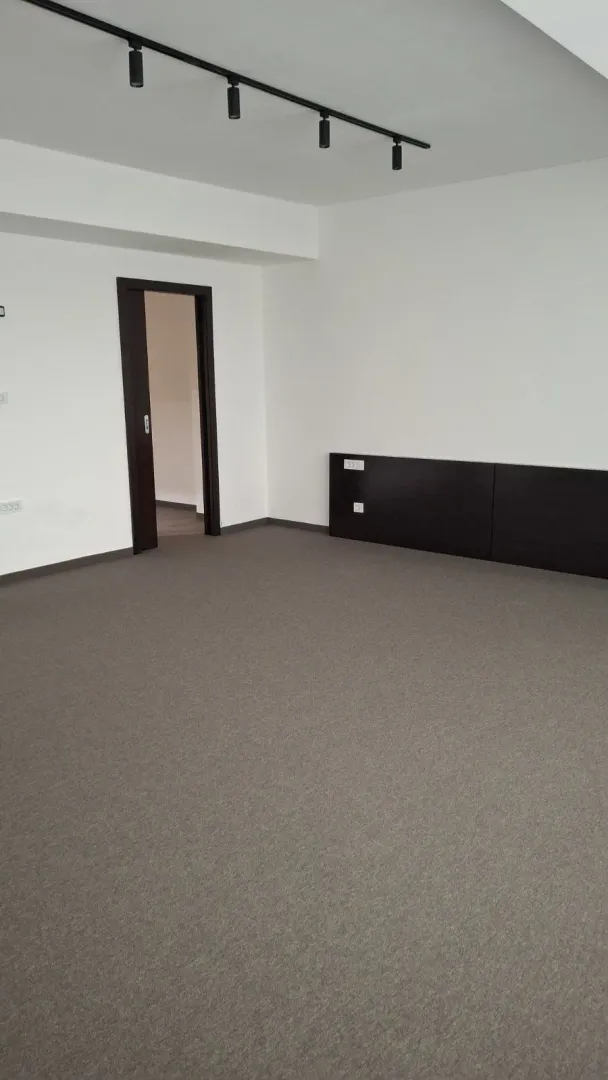 An empty spacious room with grey carpeting, white walls, and modern track lighting.