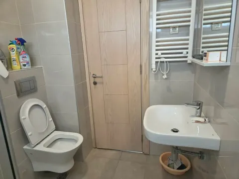 Small bathroom with a sink, toilet, and door. - image 8