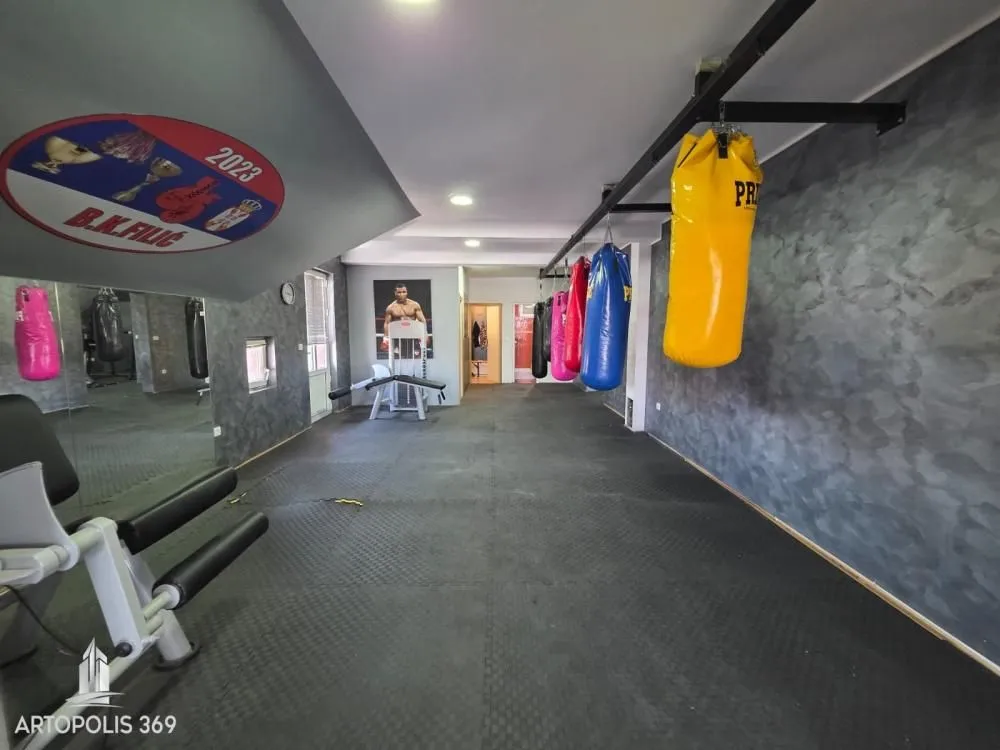 Interior of the gym with punching bags and exercise equipment.