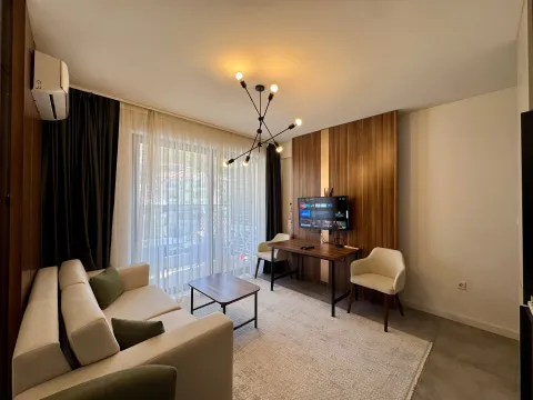 Living room with a sofa, desk, and TV. - image 2